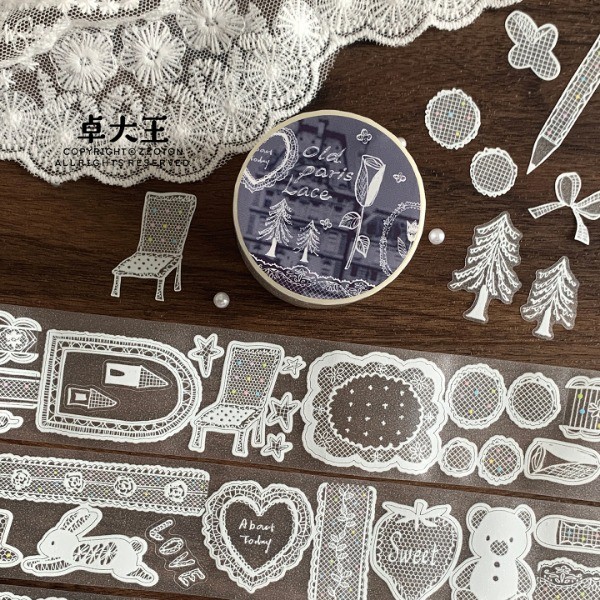 Zhuo Dawang Tape Die-cut Azhuo Old Paris Lace pet Lace Material White Ink All-match Retro Handbook