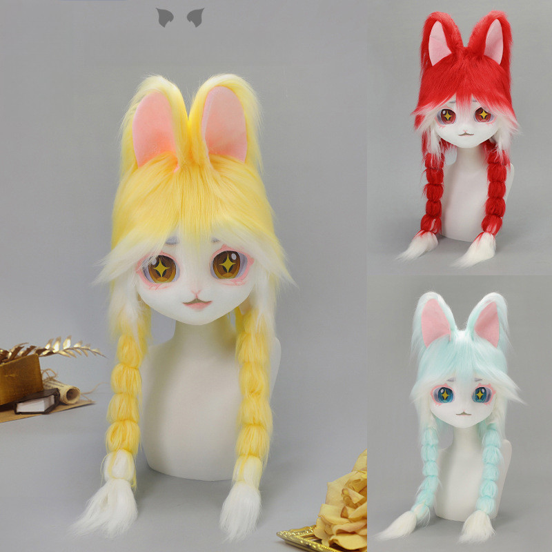 Kawaii Fursuit Kigurumi หน้ากากหัวสัตว์พร้อมวิกผมถักเปีย, หลายสีสําหรับคอสเพลย์และปาร์ตี้ธีม