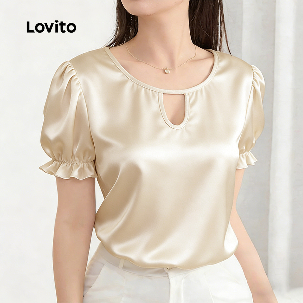 Lovito เสื้อเบลาส์ผู้หญิงสําหรับฤดูใบไม้ผลิ/ฤดูร้อน แต่งขอบผักกาดหอม ดีไซน์หรูหรา สีแอปริคอท LK4ED66
