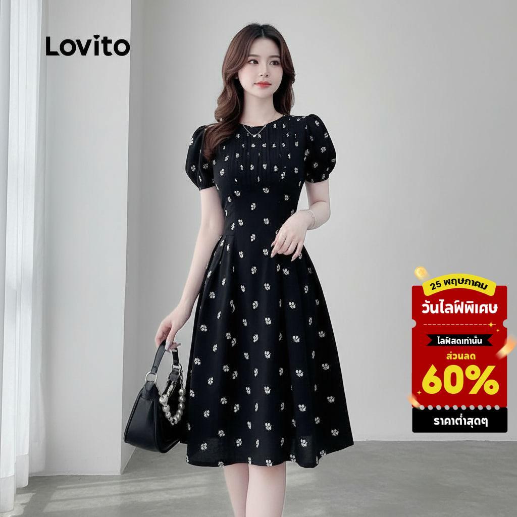 Lovito ชุดเดรสสีดําสไตล์ลําลองสําหรับผู้หญิงฤดูใบไม้ผลิและฤดูร้อน LK2LD358