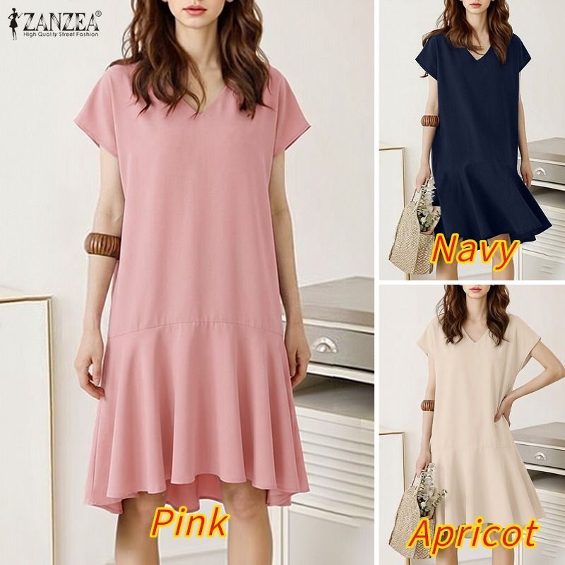 ZANZEA Celmia ผู้หญิงแฟชั่นเกาหลีคอวีแขนสั้นสีทึบจีบ Patchwork Simple Dress — صورة 3