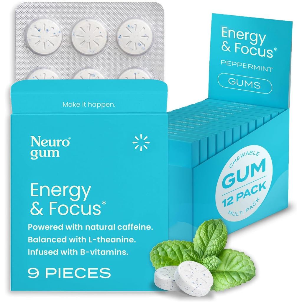 ปราศจากน้ําตาล Neuro Nootropic Energy Caffeine Gum 40mg L Theanine B วิตามินโฟกัสสําหรับผู้ใหญ่รสมิ้
