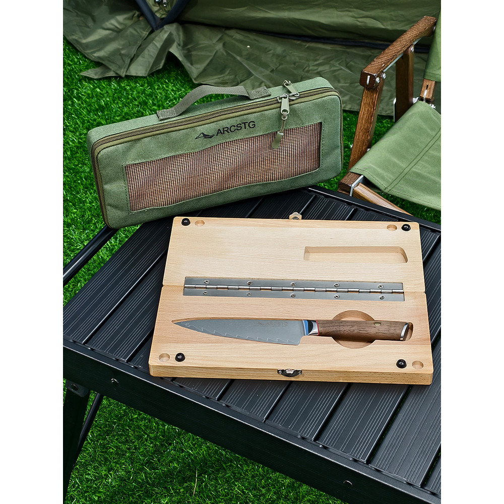 ARCSTG Outdoor Camping Gourmet มีดครัวชุดมีดครัวเขียงเขียงกระเป๋าเก็บชุดมีดตรงปิคนิค Camping Camping