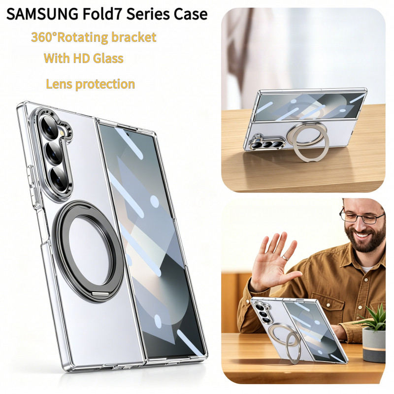 เคสแบบพับได้ป้องกันสีเหลืองโปร่งใสสําหรับ Samsung Galaxy Z Fold 7/6/5/4/3, 360° ขาตั้งแบบหมุนแม่เหล็กเข้ากันได้กับฝาครอบโทรศัพท์ป้องกันเต็มรูปแบบที่ชาร์จแบบไร้สาย