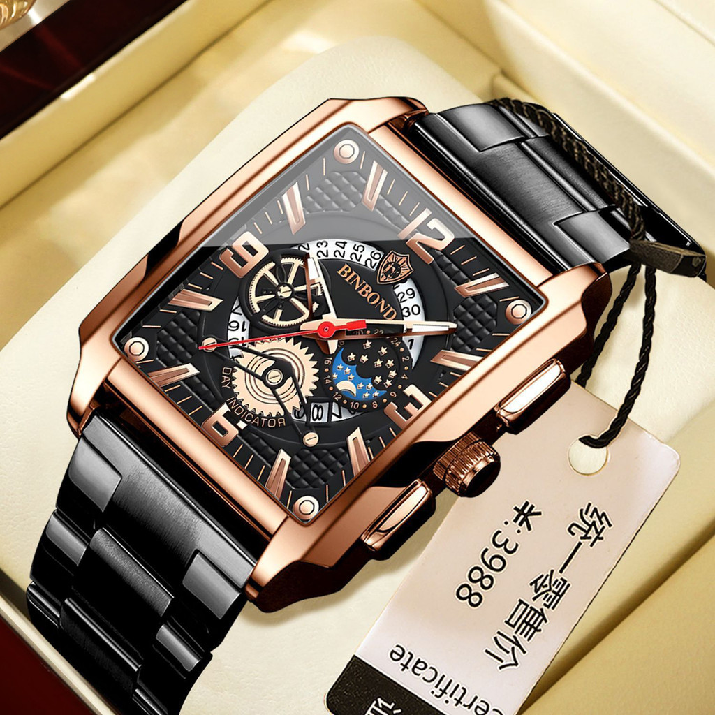 Luminous Retro Gold binbond Sports Square กันน้ําปฏิทินมัลติฟังก์ชั่นนาฬิการะเบิดผู้ชาย