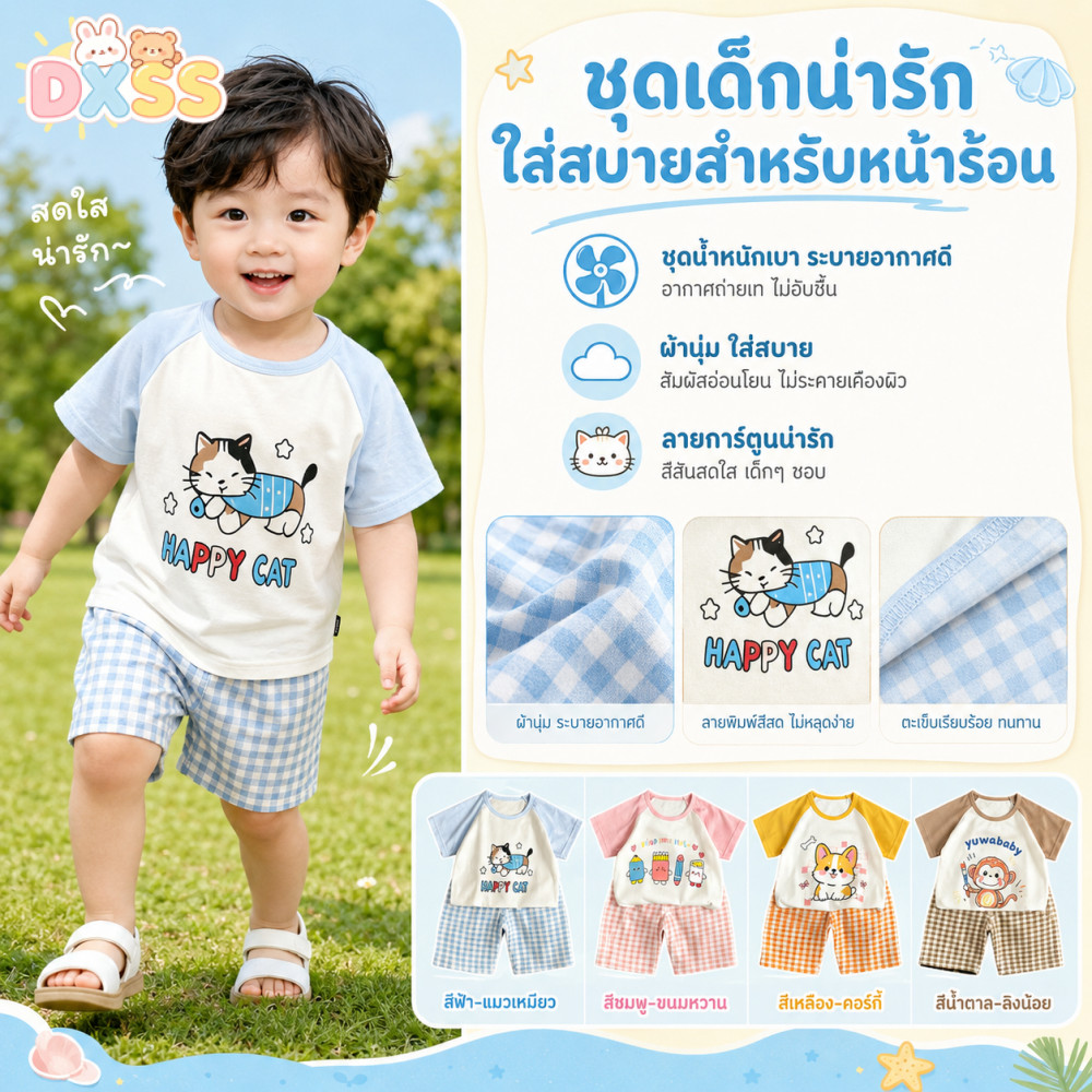 เด็กฤดูร้อนแขนสั้นสูท ลายการ์ตูนน่ารัก เนื้อผ้านุ่มและระบายอากาศได้ดี เหมาะสำหรับเด็กอายุ 1-7 ปี
