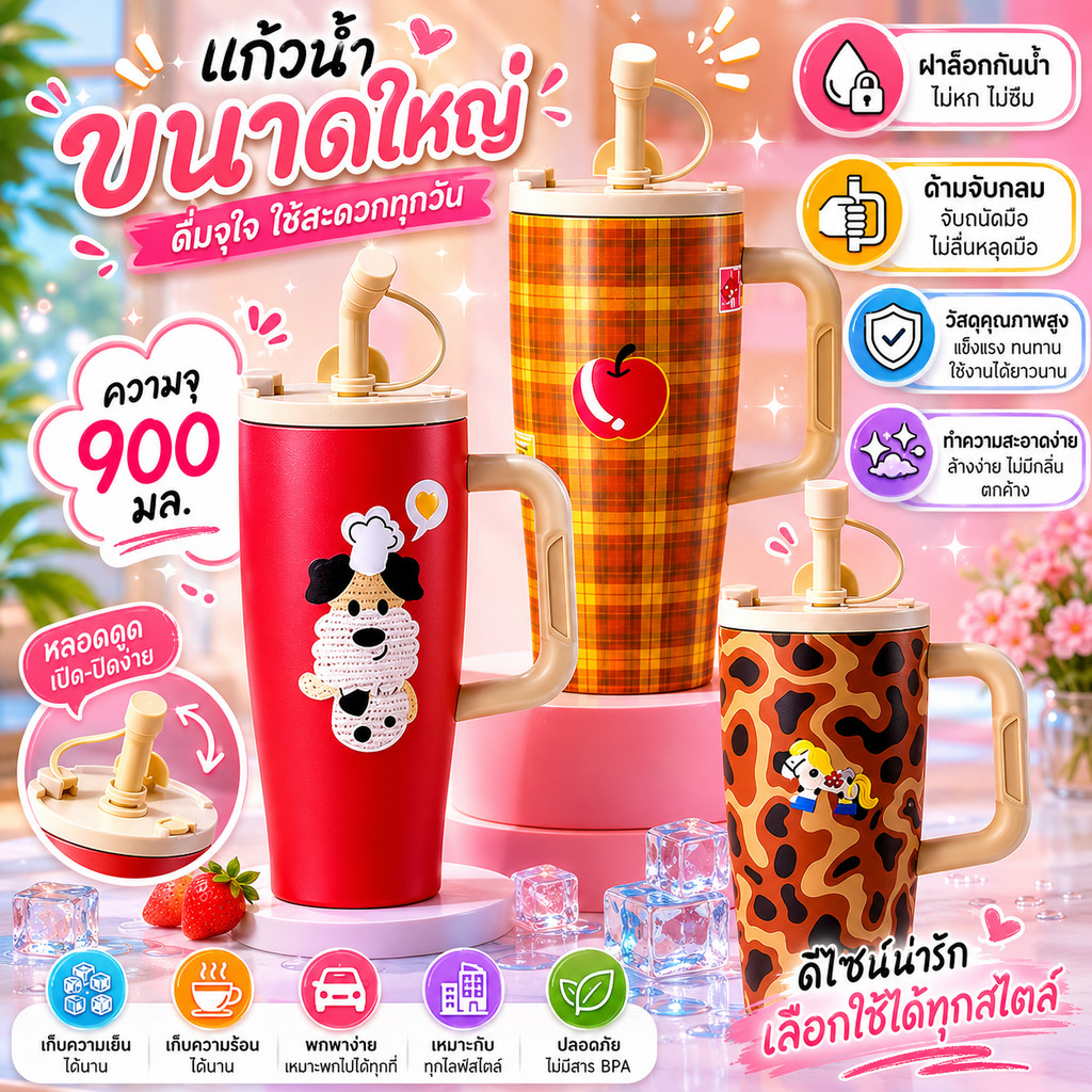แก้ว แก้วเก็บความเย็น แก้วสแตนเลส ขนาด900ML.SUS304 พร้อมส่ง
