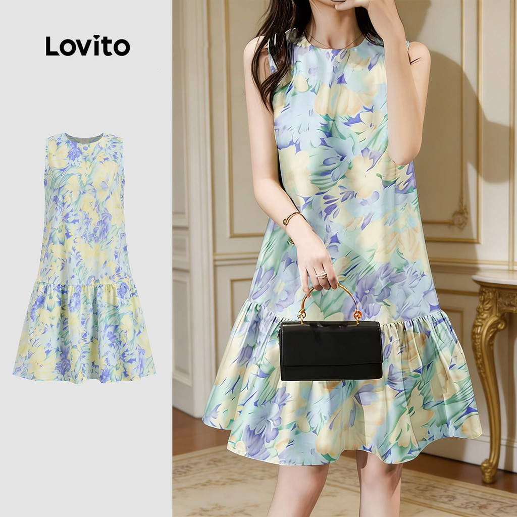 Lovito เดรสผู้หญิงลําลอง แต่งระบายชายกระโปรง ลายดอกไม้ โครงเส้นตรง เหมาะสําหรับฤดูใบไม้ผลิและฤดูร้อน L184ED882
