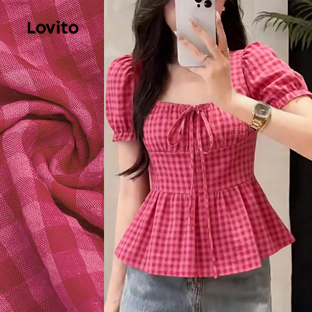 Lovito เสื้อเบลาส์ลําลองคอซิปประดับโบว์ สีชมพู/แดงกุหลาบ สําหรับผู้หญิง LK5ED512
