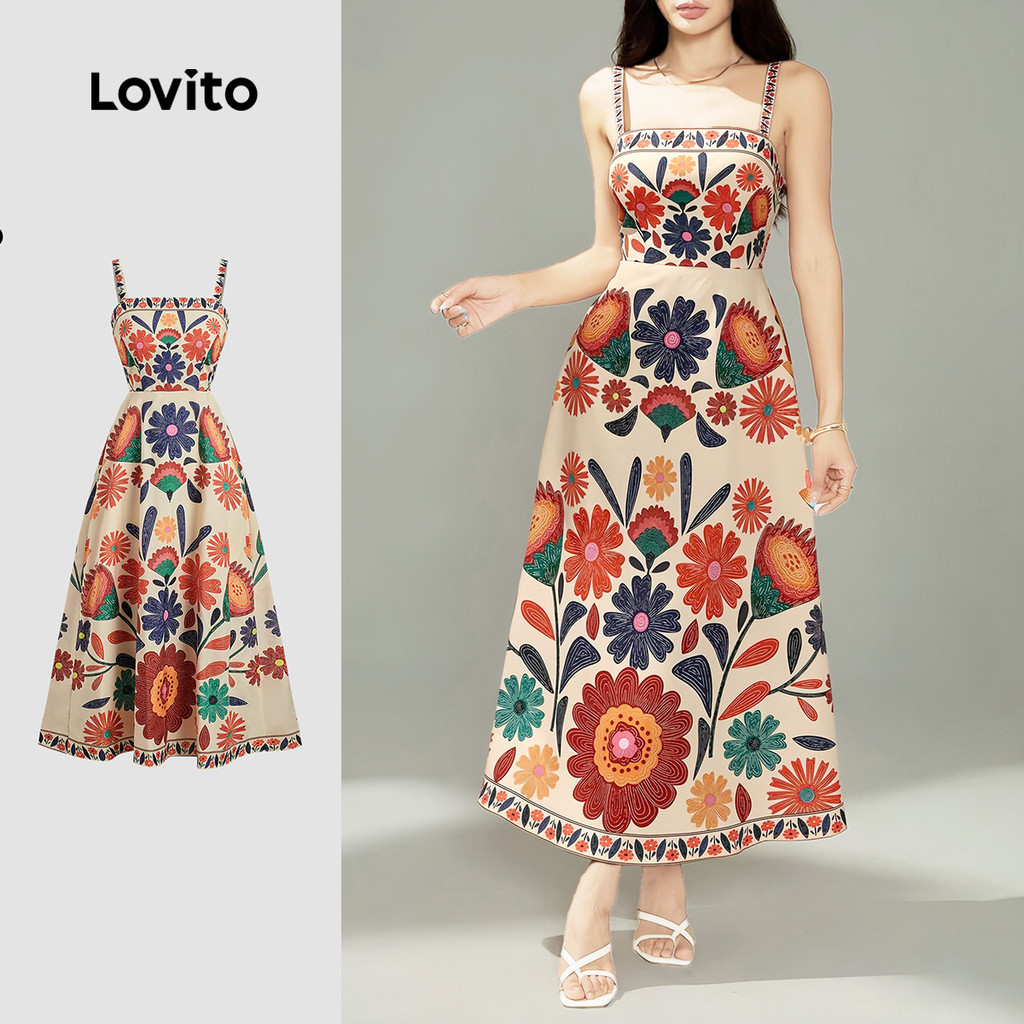Lovito เดรสสไตล์โบโฮ ลำลอง รีสอร์ต มีซิป สำหรับฤดูใบไม้ผลิ/ฤดูร้อน สำหรับผู้หญิง LBL29256