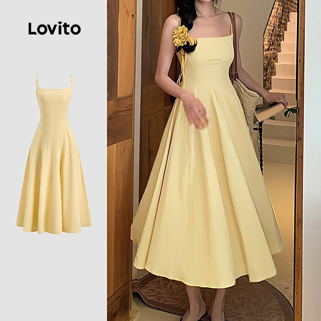 Lovito ชุดเดรสลำลองสีเหลือง ทรงเข้ารูป สำหรับผู้หญิง ฤดูใบไม้ผลิ/ฤดูร้อน L137ED737