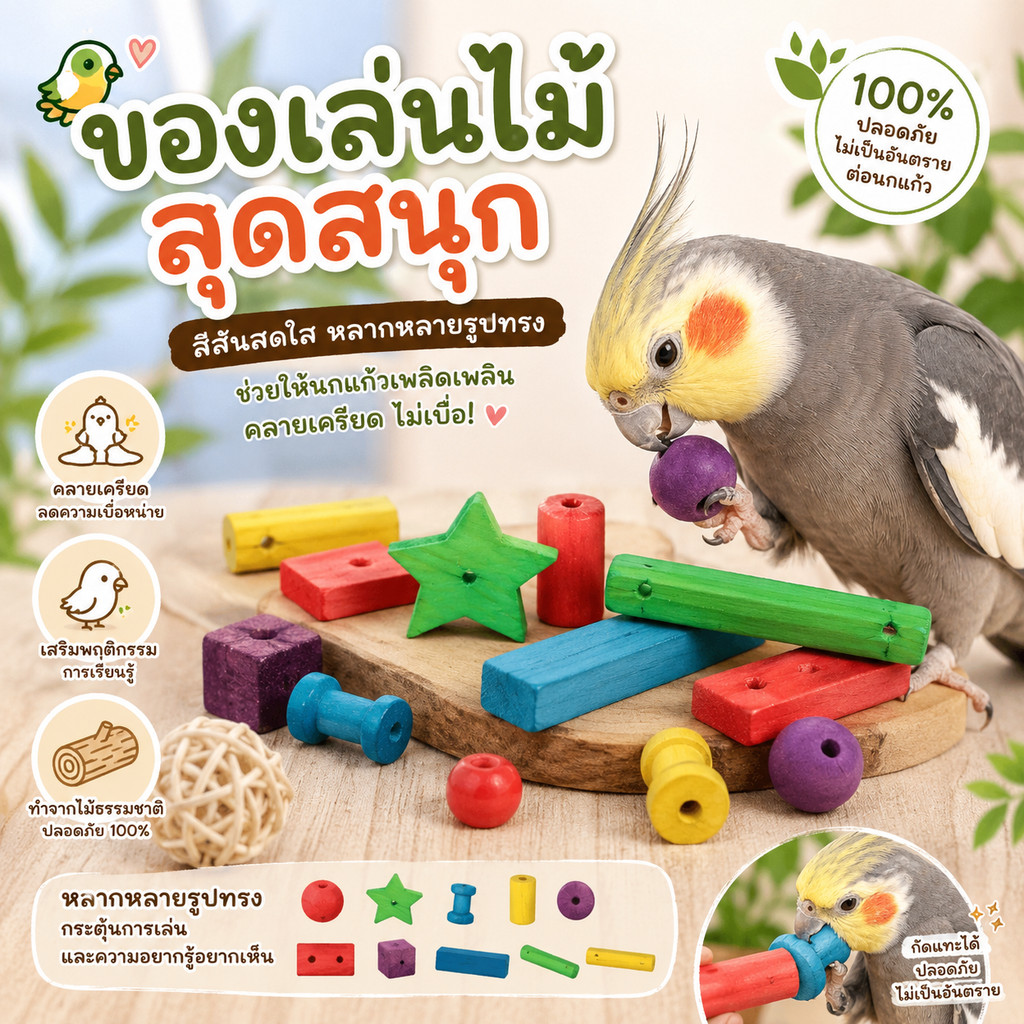 Hambit. ของเล่นไม้นกแก้ว ของเล่นฝึกทักษะนก [สุ่มสี/เลือกรูปทรงได้] ของเล่นนกเล็ก นกแก้ว คลายเครียด