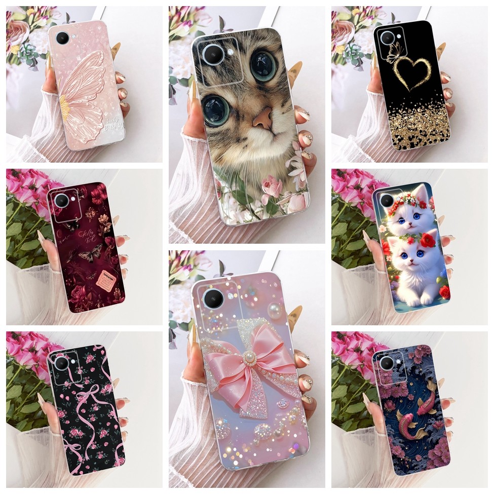 สําหรับRealme C30 RMX3581 RMX3623 สําหรับRealme C30s RMX3690 กรณีใสแมวน่ารักหรูหราดอกไม้Coolทาสีปลอก