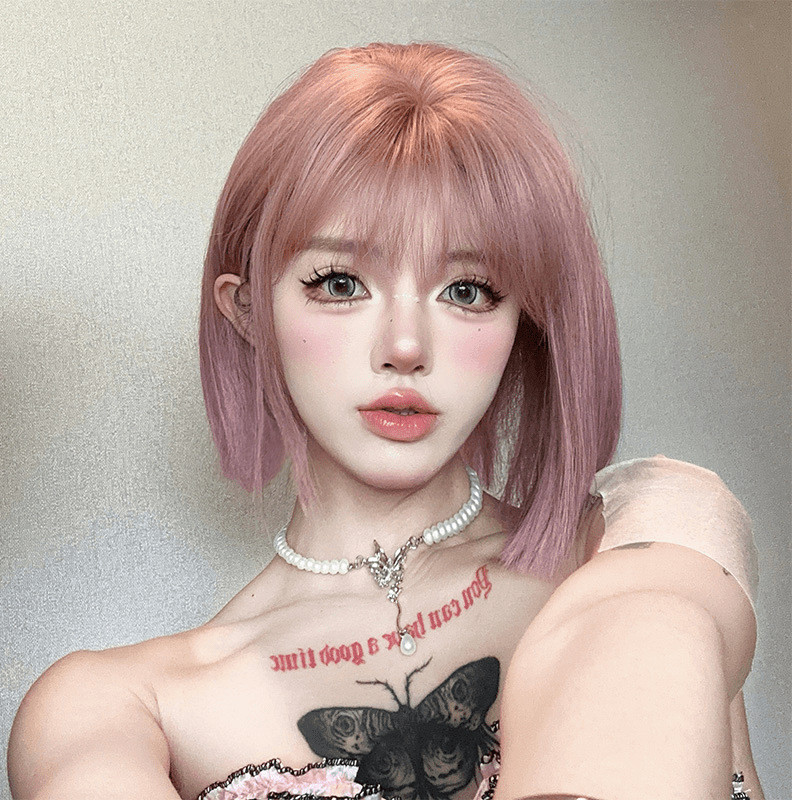 [Dream Barbie] Pink Age-Reduction Short Straight Hair Full Headgear Lisa Girl Group Fashion Bob Head