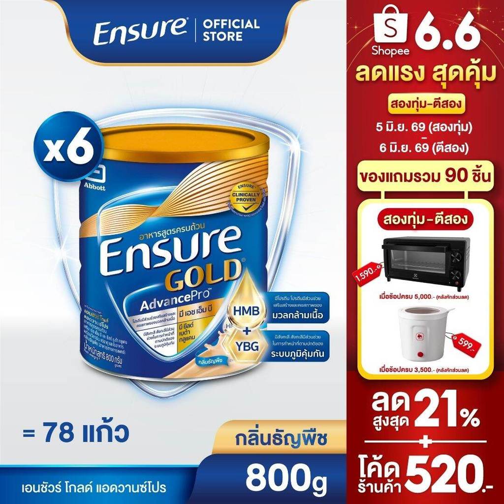 [ส่งฟรี] เอนชัวร์ โกลด์ แอดวานซ์โปร กลิ่นธัญพืช 800g 6 กระป๋อง Ensure Gold Wheat AdvancePro 800g x6