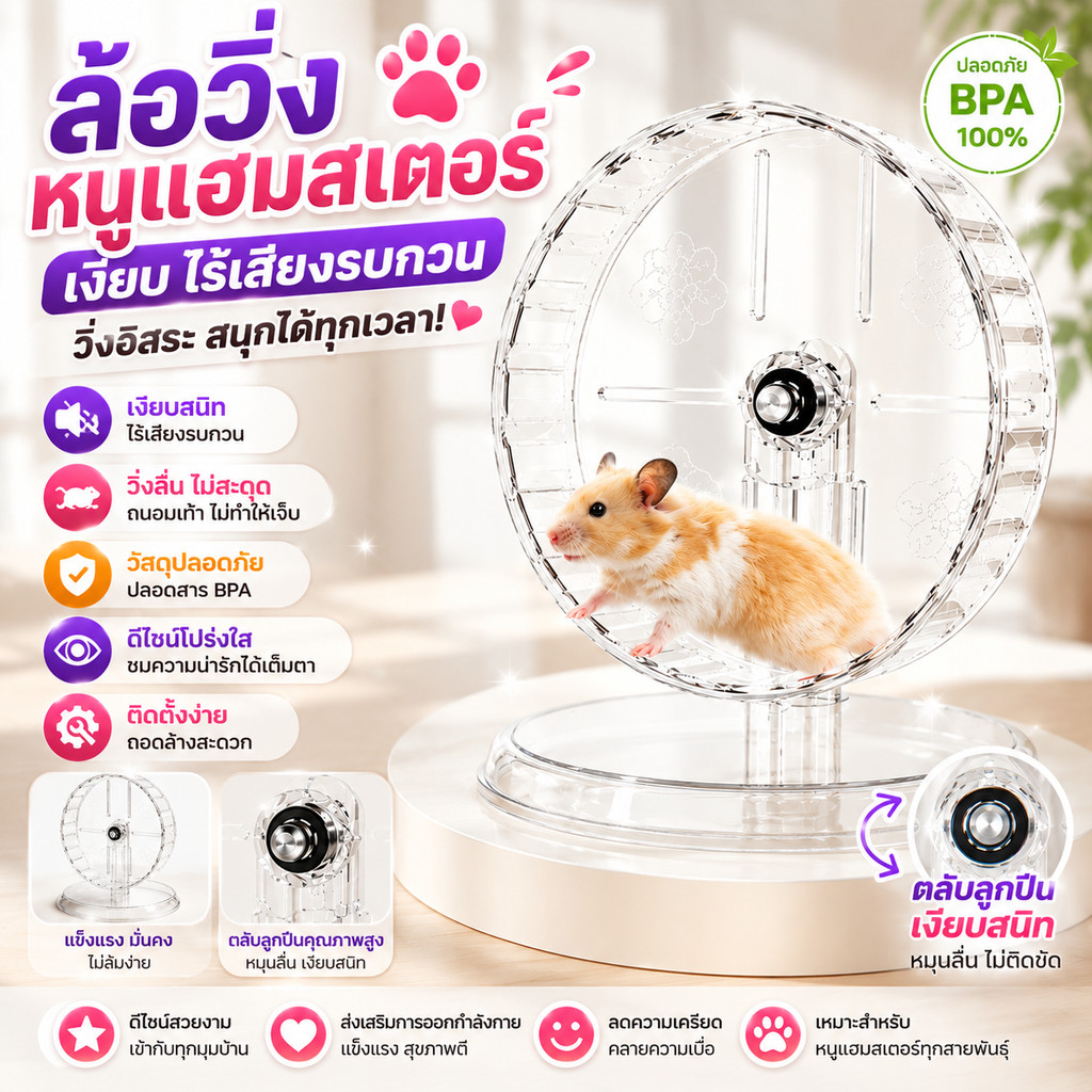 ล้อวิ่งแฮมสเตอร์ ของเล่นสัตว์เลี้ยง หมุนเงียบ ออกกำลังกายได้ ฐานใสแข็งแรง ใช้กับแฮมสเตอร์