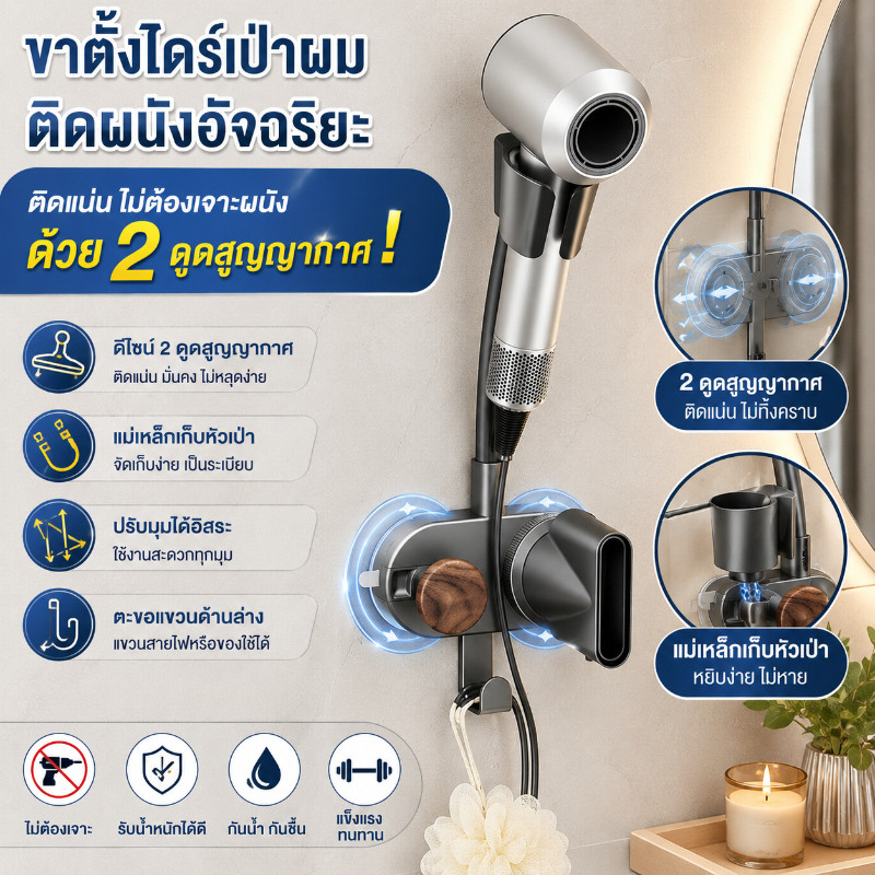 ชั้นวางไดร์เป่าผมติดผนัง ไม่ต้องเจาะรู แฮนด์ฟรี สามารถปรับมุมความสูงได้อย่างอิสระ กันน้ำกันสนิม เหมาะห้องน้ำ ติดตั้งง่าย
