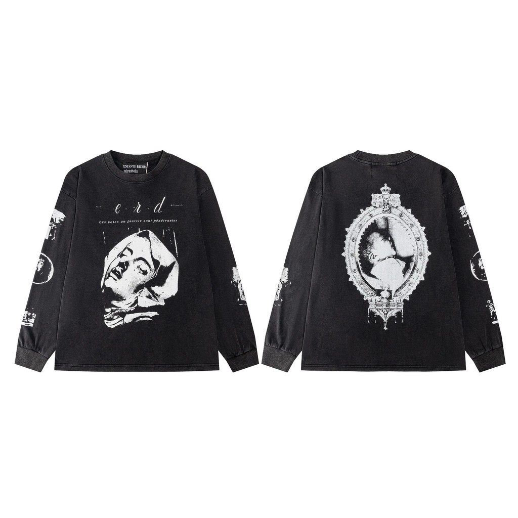 2026 สไตล์ใหม่ erd Street Wear Distressed ล้างพิมพ์รอบคอหลวมประเภทแขนยาวเสื้อยืดผู้ชายผู้หญิง Tops