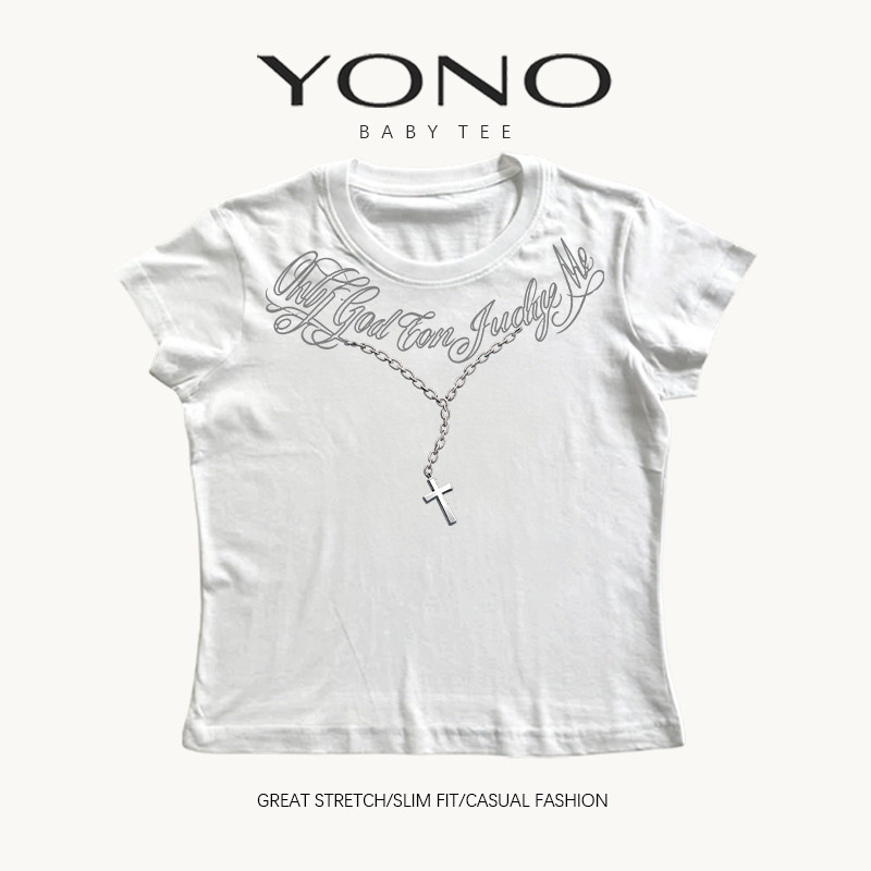 （พร้อมส่ง24ชม.）baby tee เสื้อยืดผู้หญิง สีขาว ลายโซ่กางเขน y2k เท่สายดาร์ก ทรงเข้ารูป สไตล์สาวฮอตแมทง่าย