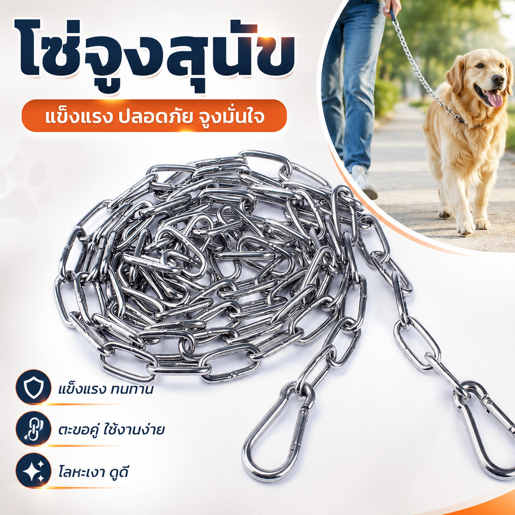 โซ่จูงสุนัข สแตนเลส 304 ขนาด 3มม. ยาว 2/3/4เมตร พร้อมตะขอสปริง 2 ด้าน แข็งแรง ใช้จูงล่ามสุนัข COD