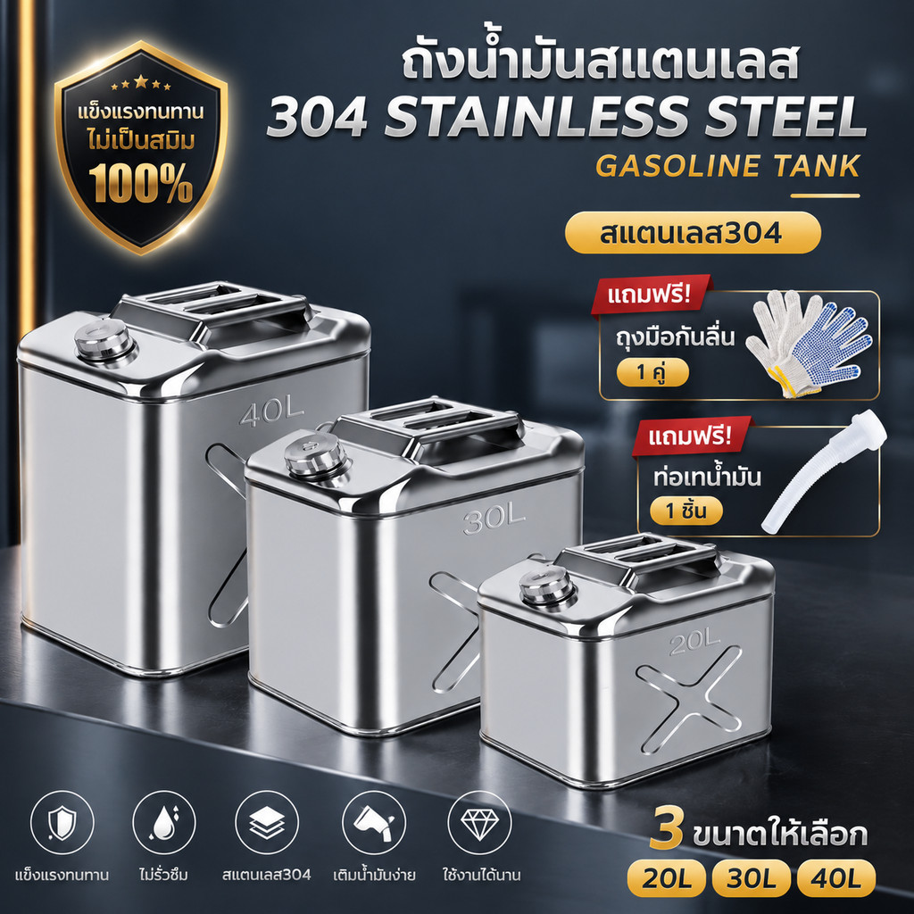 ⛽มีสินค้าพร้อมส่ง🎁 ถังน้ำมันเบนซินสแตนเลสหนาพิเศษ ถังเชื้อเพลิงสำรองรถยนต์ กันรั่วซึม แข็งแรงทนทาน ปลอดภัย