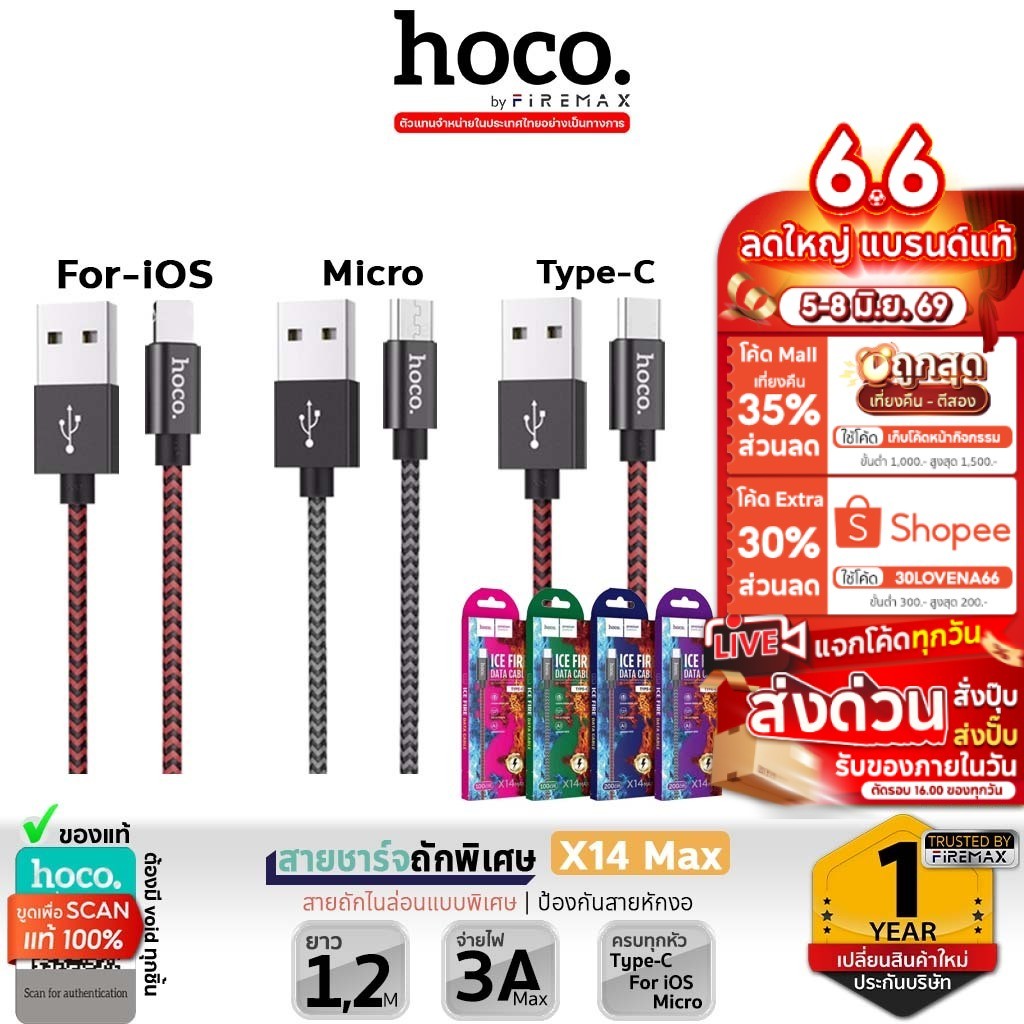 HOCO X14 MAX สายชาร์จถัก ชาร์จดี จ่ายไฟเต็ม 3A ยาว1-2 ม. สำหรับ iOS / Micro / Type C สายชาร์จ hc1