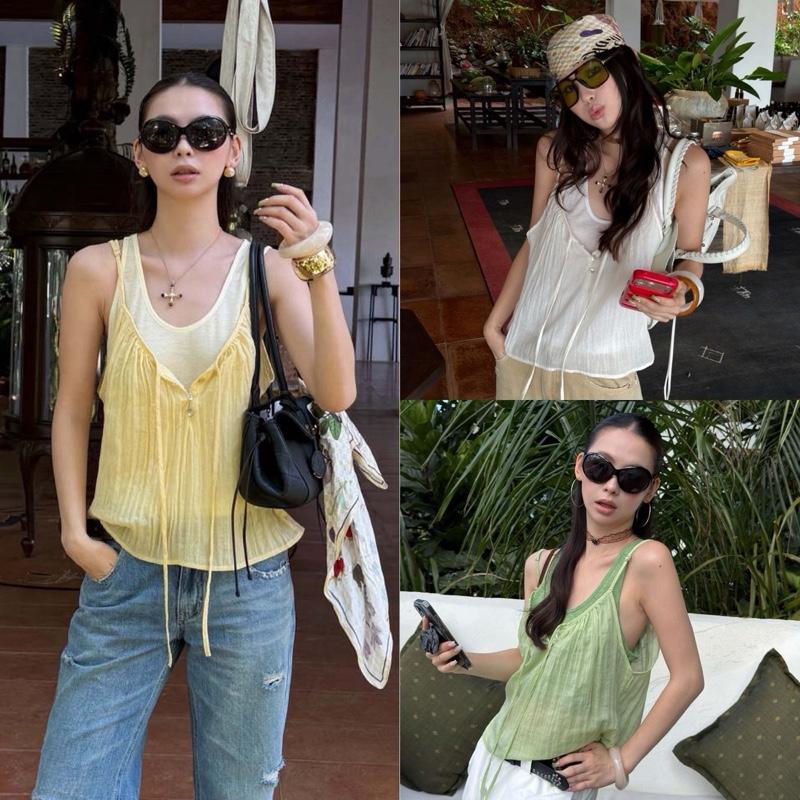 BY0571 เลเยอร์2ชิ้น ผ้าบาง เสื้อกล้ามคอลึกซีทรู+สายเดี่ยวผ้าคอตตอน benly co