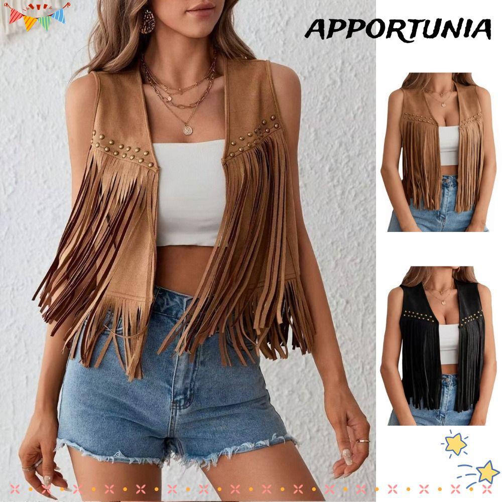 APPORTUNIA Fringd Vest, Retro สีดํา/สีน้ําตาล Western Jacket, แฟชั่นเปิดด้านหน้า Rivet Detailing Sue