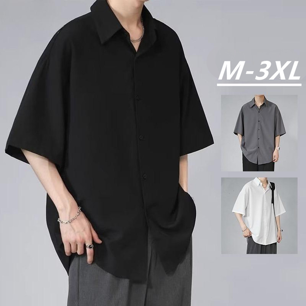 ม-3เอ็กแอล ขนาดใหญ่ผ้าไหมน้ําแข็งเย็นเสื้อผู้ชายที่เรียบง่ายธรรมดาแขนสั้นเสื้อขนาดบวกสบายๆหลวมธุรกิจเสื้อเชิ้ตสีขาว
