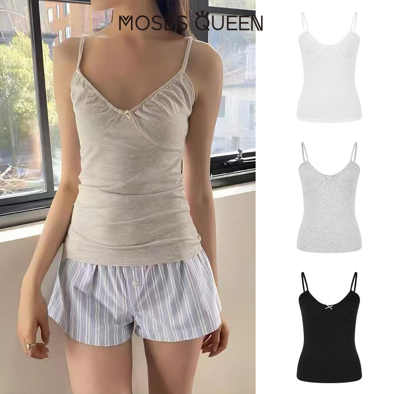 MOSESQUEEN เสื้อคล้องคอคอวีจับจีบโบว์ขนาดเล็กสําหรับใส่ด้านนอกสําหรับฤดูร้อนใส่ด้านในแบบลําลองเสื้อแขนกุด #63780