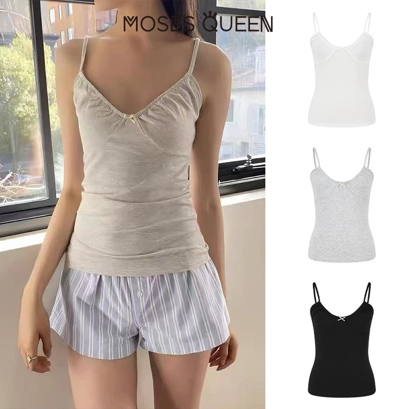 MOSESQUEEN เสื้อคล้องคอคอวีจับจีบโบว์ขนาดเล็กสําหรับใส่ด้านนอกสําหรับฤดูร้อนใส่ด้านในแบบลําลองเสื้อแขนกุด #63780