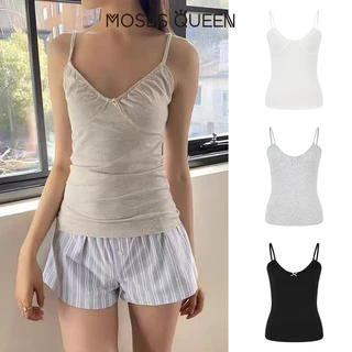 MOSESQUEEN เสื้อคล้องคอคอวีจับจีบโบว์ขนาดเล็กสําหรับใส่ด้านนอกสําหรับฤดูร้อนใส่ด้านในแบบลําลองเสื้อแขนกุด #63780