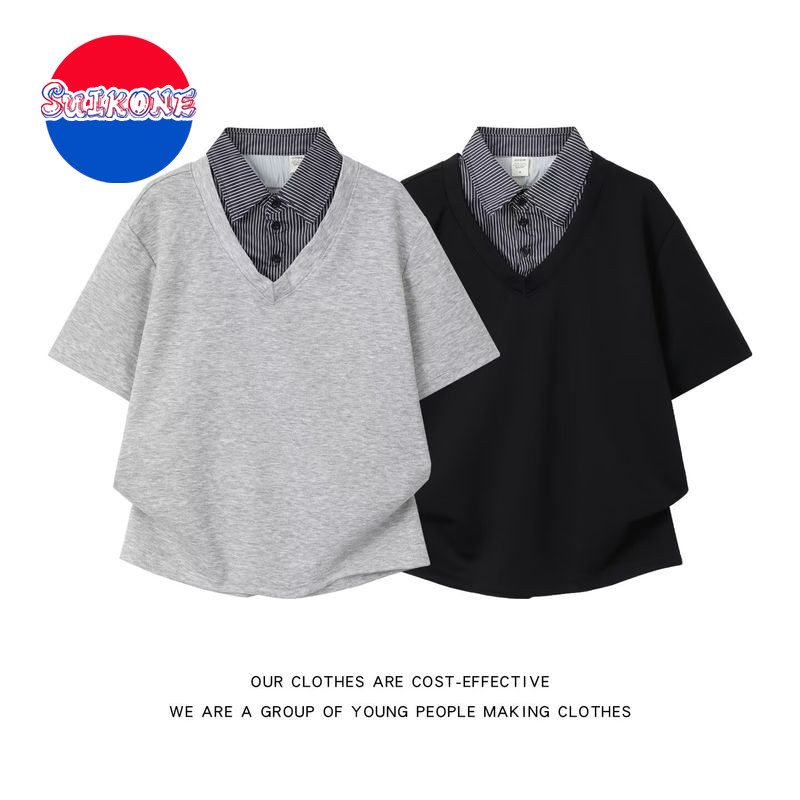 SUIKONE ซุยโคเนะ เสื้อโปโลผู้ชายแขนสั้นญี่ปุ่นปลอมสองชิ้นประกบการออกแบบที่มีคุณภาพสูง