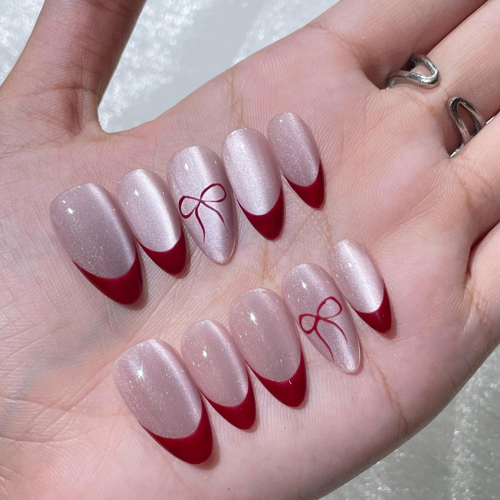 A399 10 ชิ้นต่อชุด เล็บปลอมสำเร็จรูปงานมือ ลายเฟรนช์ปลายแดงติดโบว์ สไตล์หวานละมุนสุดคิวท์ ถอดเปลี่ยนได้ง่าย
