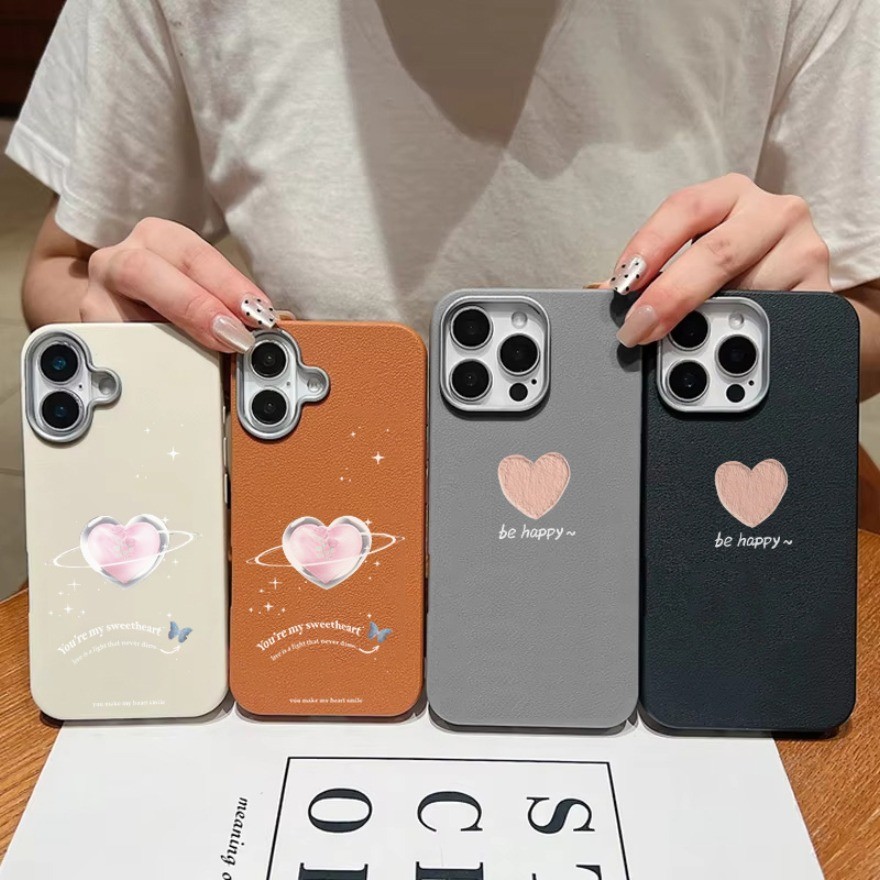 Simple ลายหัวใจสีชมพู PU หนังสําหรับ iPhone 16 Plus 15 Plus 15 Pro Max 14 13 Pro Max Light Thin Simp