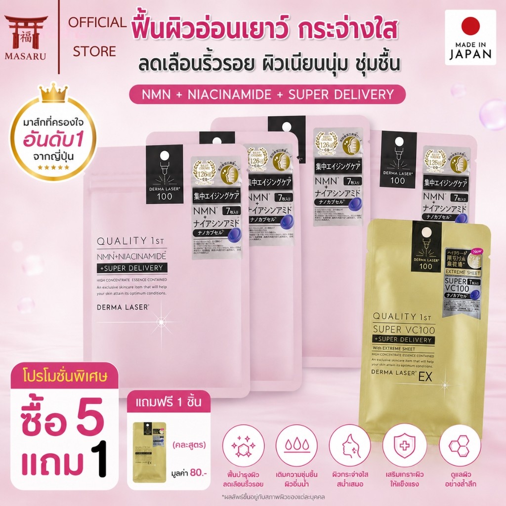 Quality 1st Derma Laser NMN  Niacinamide 100 Mask 7 แผ่น มาส์กหน้า NMN ญี่ปุ่น ผิวกระจ่างใส ชุ่มชื้น | ของแท้จากญี่ปุ่น