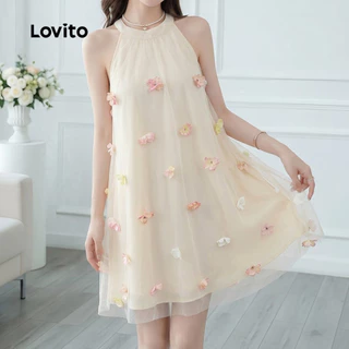 Lovito เดรสผ้าลินินเนื้อดี สไตล์รีสอร์ทสุดหรู ใส่สบาย เหมาะสําหรับฤดูใบไม้ผลิ/ฤดูร้อน เดรสสีคากีอ่อนสําหรับผู้หญิง LK4ED1820