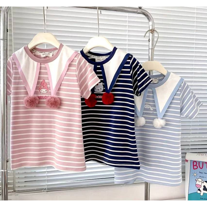 ชุดเดรสเสื้อยืดลายทางคอปก สำหรับเด็กผู้หญิง ลายการ์ตูนน่ารัก สวมใส่สบาย พร้อมส่งจากไทย