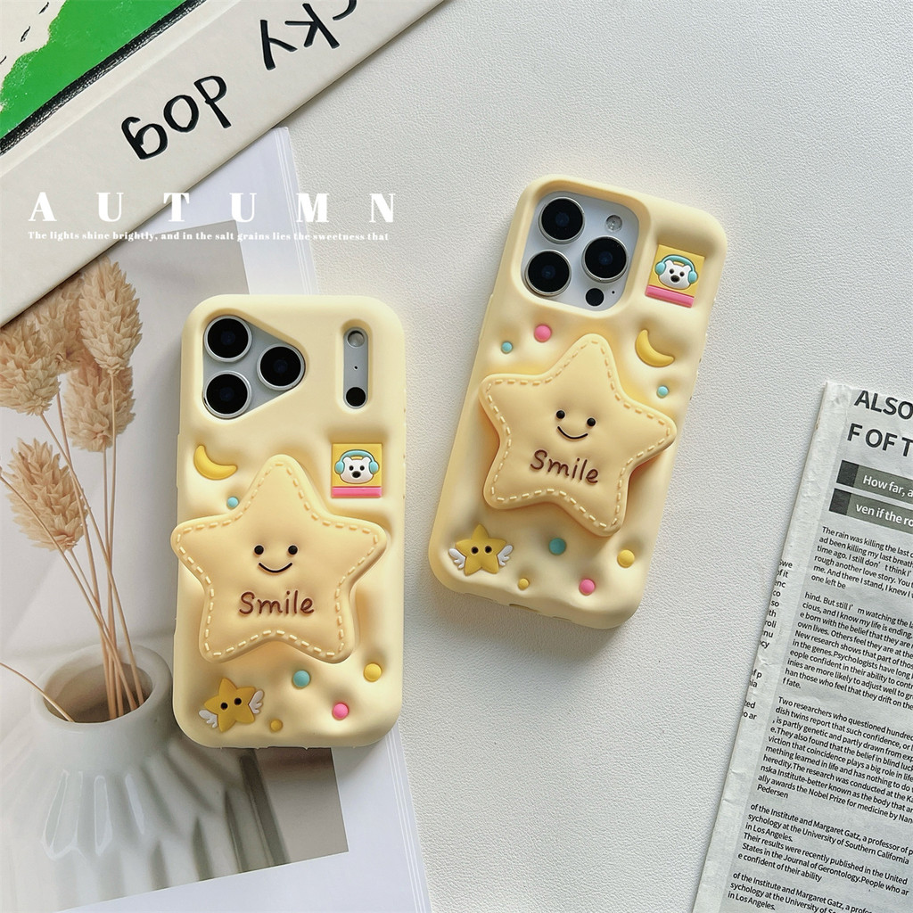 3D Star Bracket Case น่ารัก Smile ซิลิโคนกันกระแทกสําหรับ iPhone 17 Pro Max 16 Plus 15 14 13 12