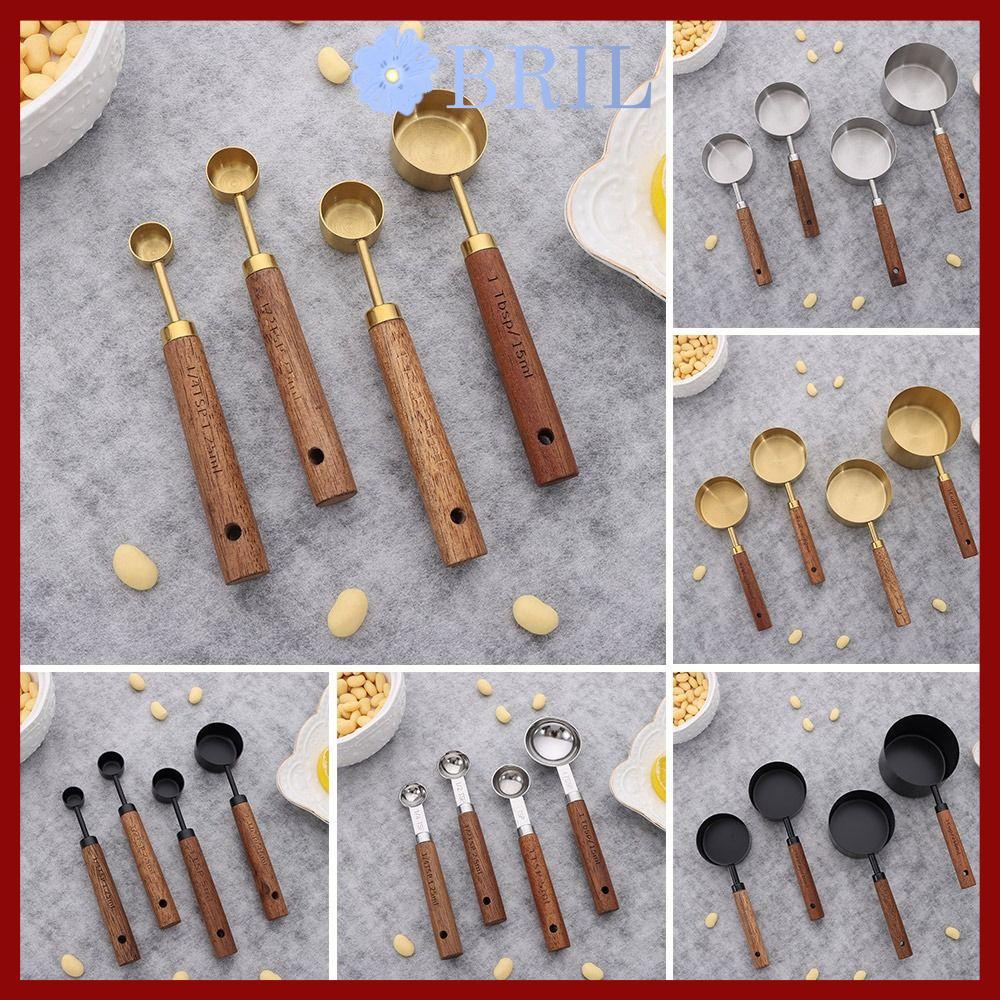 บริล 4ชิ้นถ้วยตวงช้อน,ทองเงินด้ามไม้กาแฟช้อนตวง,ทนทานสีดํา1.25-250มิลลิลิตรสแตนเลสเครื่องมืออบไอศครีมน้ําตาลเกลือเครื่องเทศ