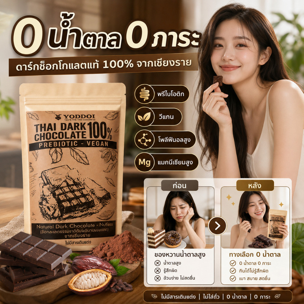 ✨ซื้อ 1 แถม 1✨【0 น้ำตาล 0 ภาระ】 ช็อกโกแลตดำบริสุทธิ์ 100% จากเชียงราย/ช็อกโกแลตดำ100เปอร์เซ็นต์/ขนมขบเคี้ยวไม่มีน้ำตาล/สำหรับทุกวัยชายหญิง/สุขภาพดี/กลิ่นหอมเข้มข้น/ทานเล่นที่ออฟฟิศ