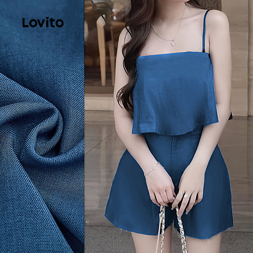 Lovito ชุดจัมพ์สูทสายซิปสั้นสำหรับผู้หญิง ช่วงฤดูใบไม้ผลิ/ร้อน L143ED475
