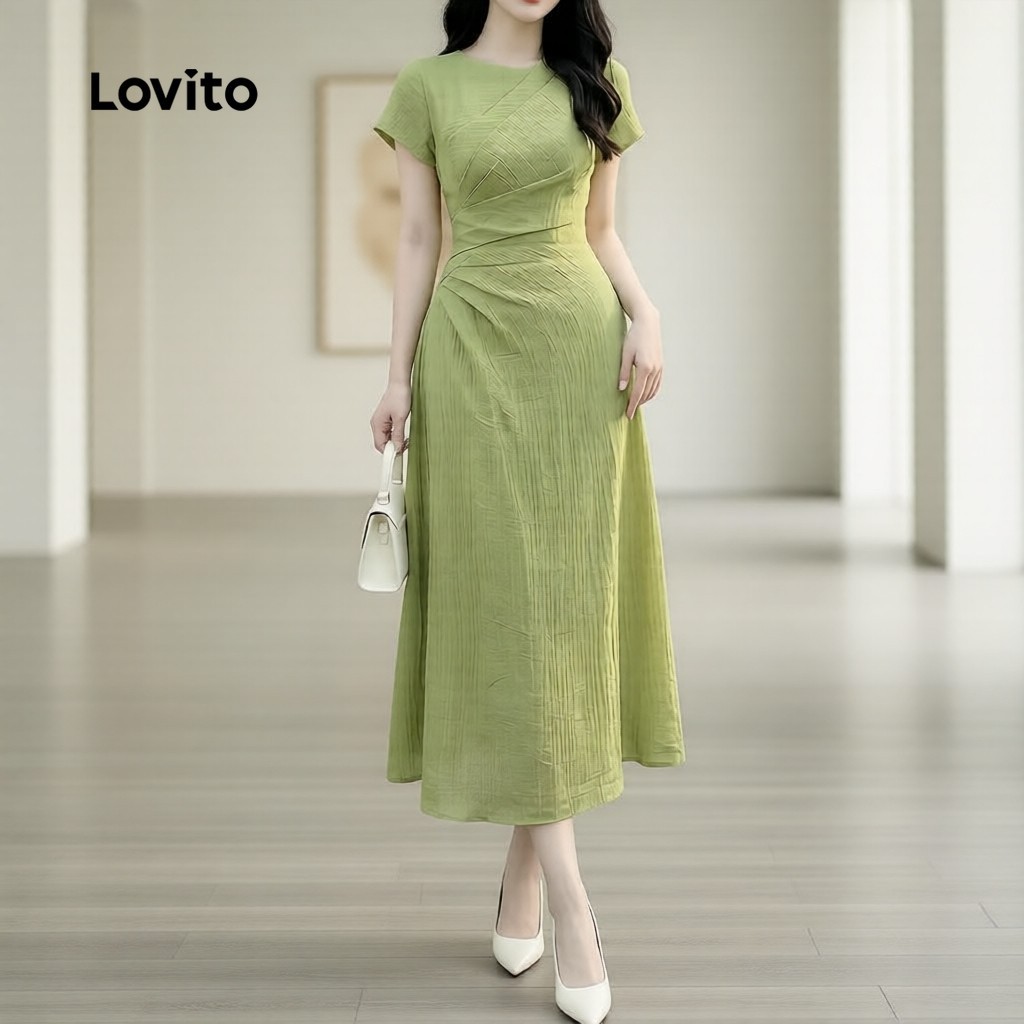 Lovito เดรสผู้หญิง Jacquard สีเขียวมรกต หรูหรามีระดับ เหมาะสําหรับ Spring/Summer LK5ED255