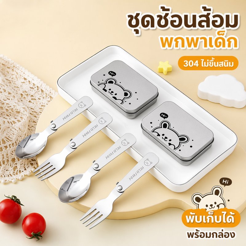 ชุดช้อนส้อมเด็ก พับได้ สแตนเลส304 แบบพกพา ลายหมีน่ารัก พร้อมกล่อง ช้อนส้อมพกพา เด็ก