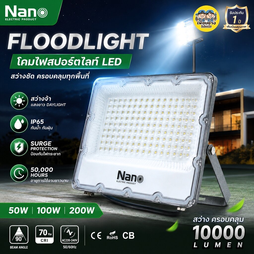 NANO Floodlight LED 50W 100W 200W ฟลัดไลท์ นาโน โคมไฟ โคมไฟสปอร์ตไลท์ กันน้ำ โคมกันน้ำ IP65 นาโน
