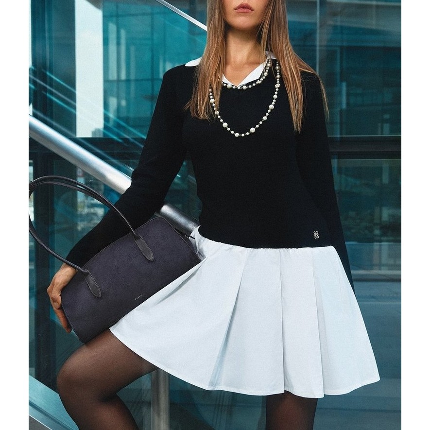 [Pomelo] เดรสสั้นทรงเข้ารูป คอปกชายกระโปรงจีบ / Layered Collared Shirt Pleated Hem Mini Dress