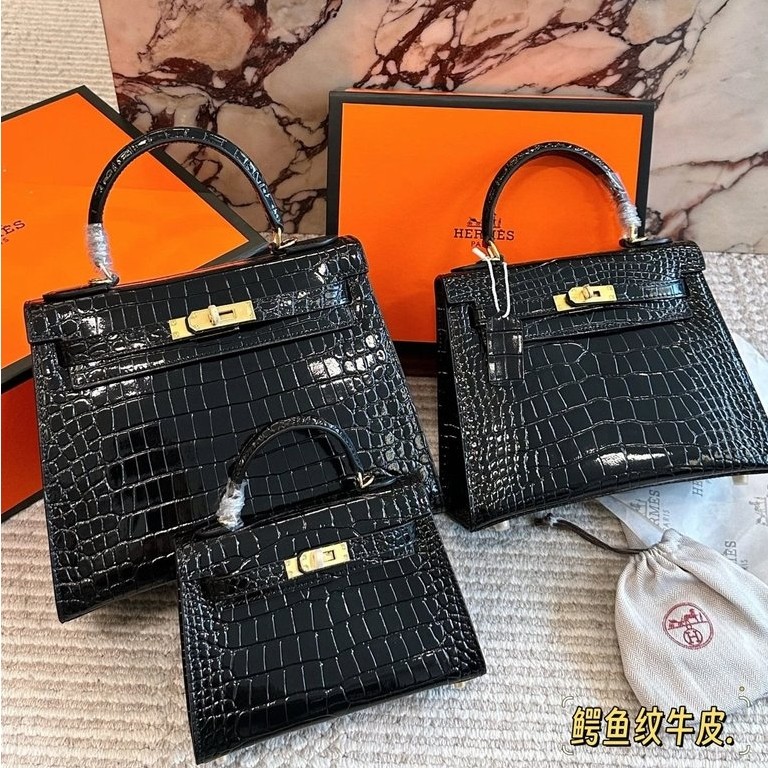Aimajia กระเป๋าผู้หญิง Kelly หัวเข็มขัดทองลายจระเข้เงา Cowhide Kelly กระเป๋ากระเป๋าถือกระเป๋าสะพายไห