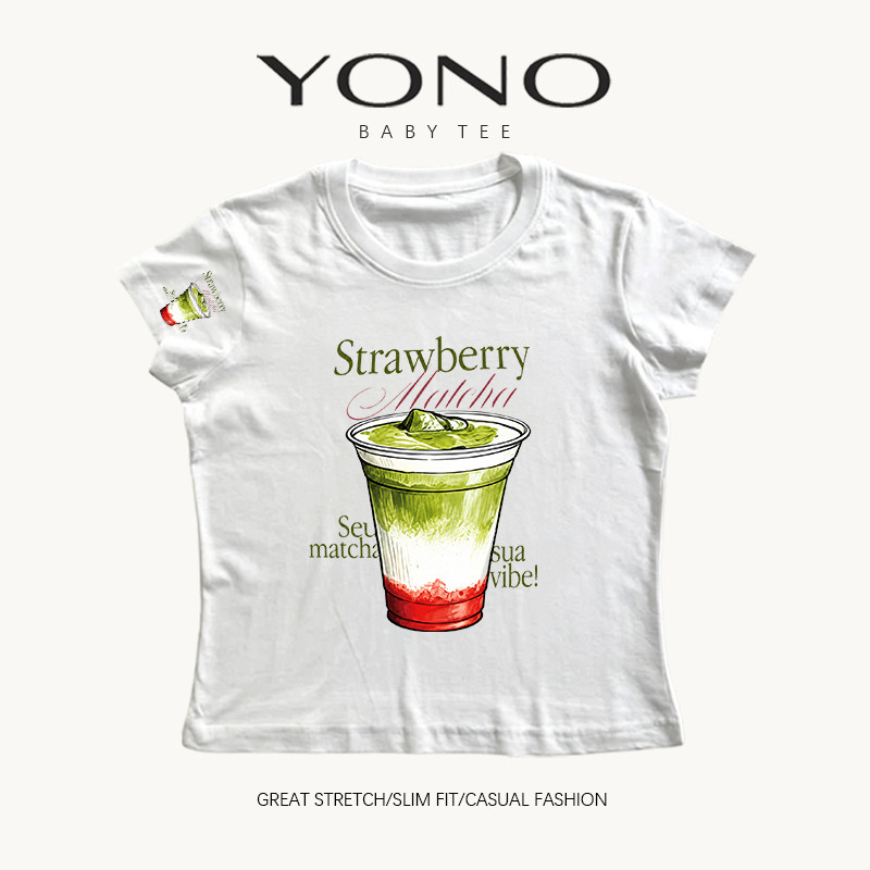 (พร้อมส่ง24ชม.) baby tee สีขาว ลายมัทฉะสตรอว์เบอร์รี่ ฟีลคาเฟ่สดใส ทรงเข้ารูป ใส่สบายรับซัมเมอร์