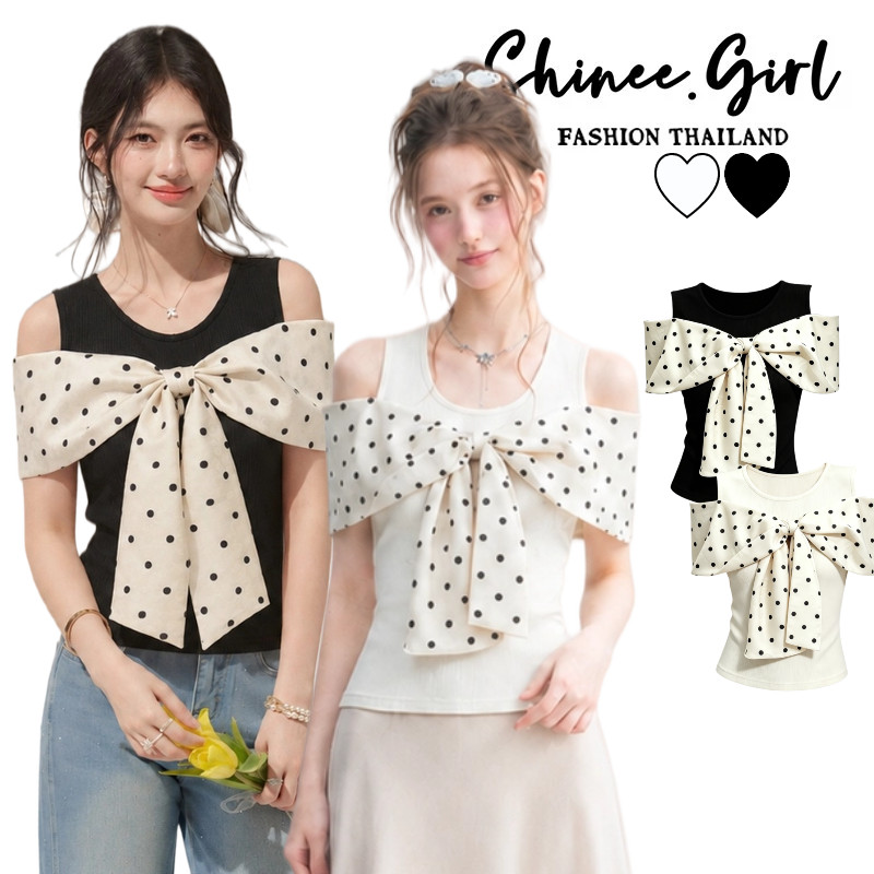 SHG พร้อมส่ง🌹เสื้อครอปปาดไหล่แต่งโบว์ใหญ่ลายจุด แฟชั่นผู้หญิง สไตล์ลูกคุณหนูเกาหลี น่ารัก ใส่เที่ยวคาเฟ่
