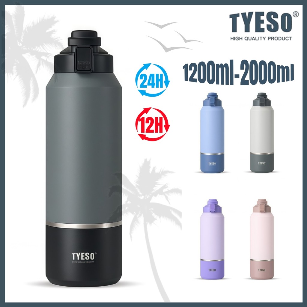 TYESO 01-01013 / 01-01014 / 01-01015 ขวดน้ำเก็บอุณหภูมิ 1200ml / 1500ml / 2000ml สแตนเลสสูญญากาศ เก็บร้อน-เย็น 24ชม. ฝา Pop-Up กันรั่ว BPA Free กระติกน้ำความจุใหญ่